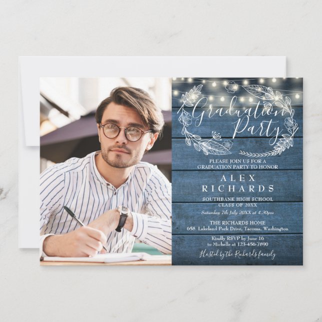 Blue Rustic String Lights Photo Graduation Party Invitation (Front)