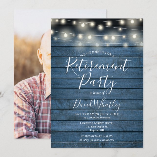 Blue Rustic String Lights Photo Retirement Party Invitation (Front/Back)