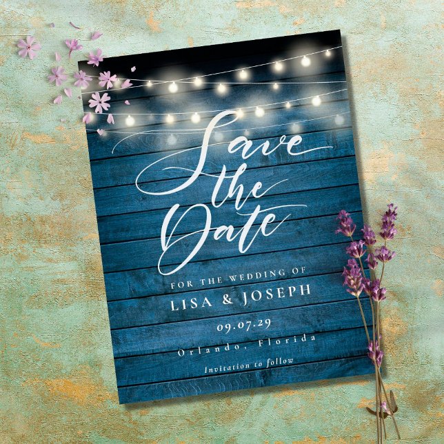 Blue Rustic String Lights Save the Date Photo Post Postcard (Creator Uploaded)