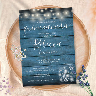 Blue Rustic String Lights Script Quinceañera 15th Invitation