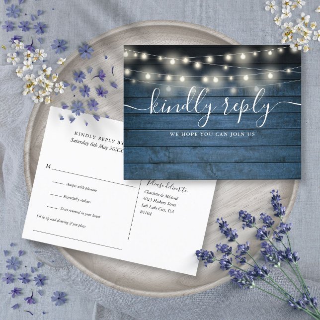 Blue Rustic String Lights Song Request RSVP Invitation Postcard (Blue Rustic String Lights Song Request RSVP Invitation Postcard)
