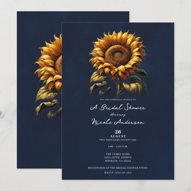 Blue Rustic Sunflower Bridal Shower Invitation (Front/Back)