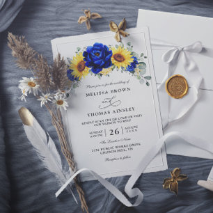 Blue Rustic Sunflower Budget QR Code Wedding Invitation