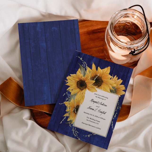 Blue Rustic Sunflower Themed, Country Wedding Invitation (Blue rustic, Watercolor sunflower themed, Wedding invitations)