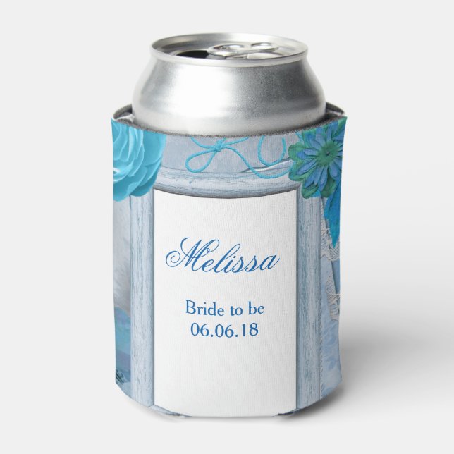 Blue rustic theme bridal shower can cooler (Can Front)