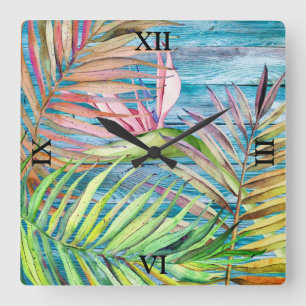 Blue Rustic Tropical Garden Bird of Paradise Palm Square Wall Clock