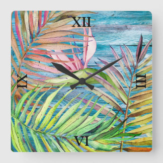 Blue Rustic Tropical Garden Bird of Paradise Palm Square Wall Clock