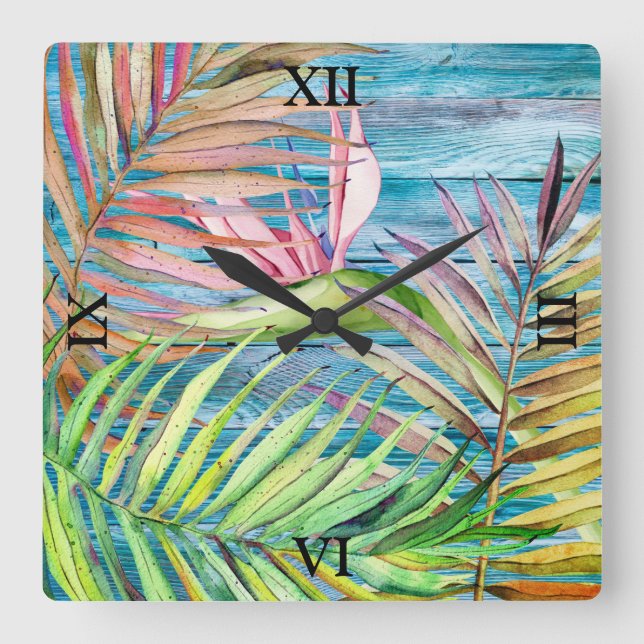 Blue Rustic Tropical Garden Bird of Paradise Palm Square Wall Clock (Front)
