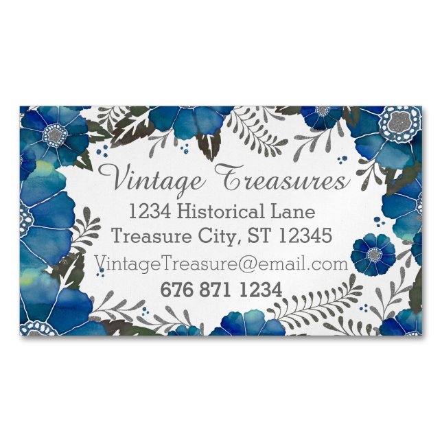 Blue Rustic Watercolor Floral Pattern Magnetic Business Card (Front)