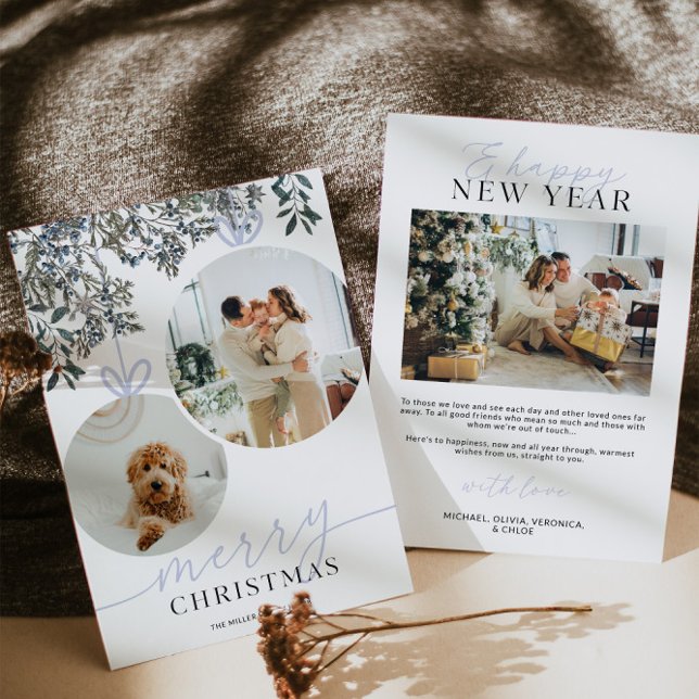 Blue Rustic Watercolor Greenery Family Photo Holiday Card (Rustic Watercolor Greenery Family Photo Christmas Card)