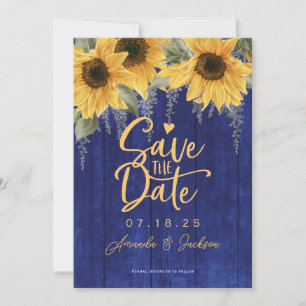 Blue rustic watercolor sunflower wedding save the  date