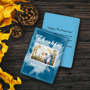 Blue Rustic Watercolor Thanksgiving Photo Card