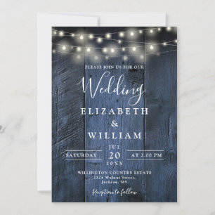 Blue Rustic Wood All In One String Lights Wedding Invitation