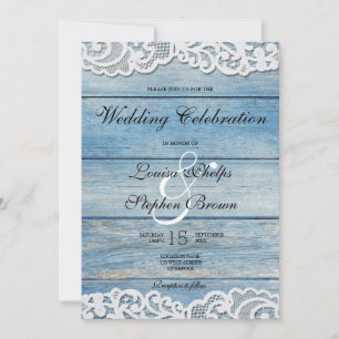 Blue Rustic Wood and Lace Wedding Invitation