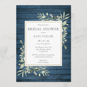 Blue Rustic Wood Country Greenery Bridal Shower Invitation