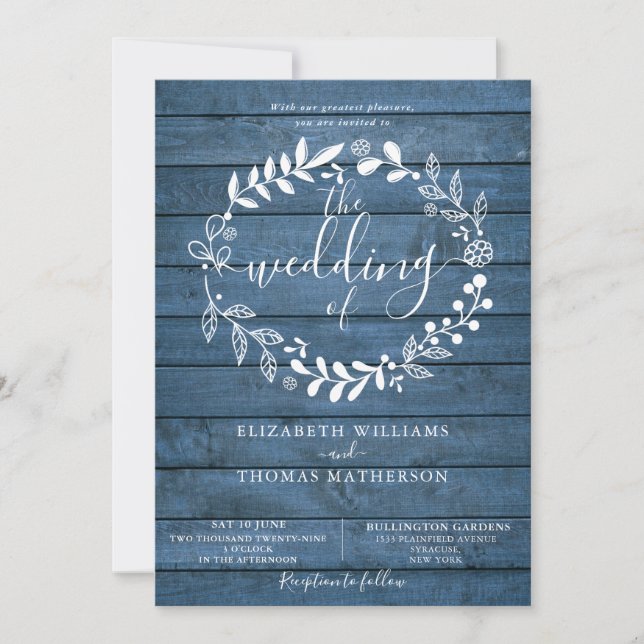 Blue Rustic Wood Floral Garland Wedding Invitation (Front)