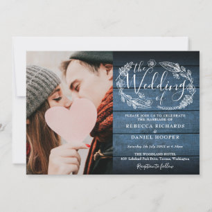 Blue Rustic Wood Foliage Photo All In One Wedding Invitation