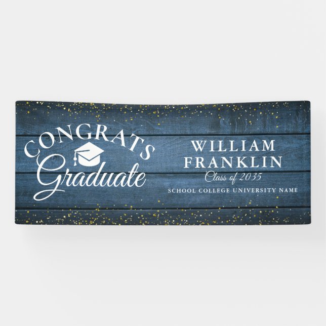 Blue Rustic Wood Gold Glitter Modern Graduation Banner (Horizontal)