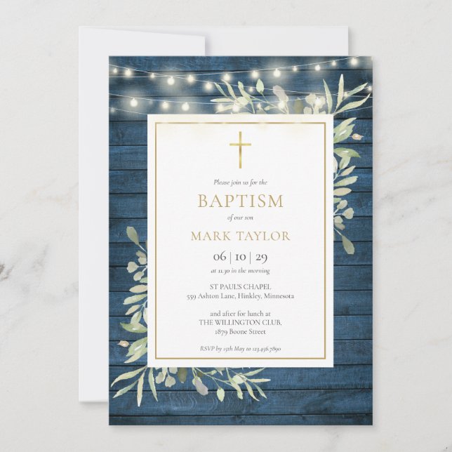 Blue Rustic Wood Greenery Baptism Christening Invitation (Front)