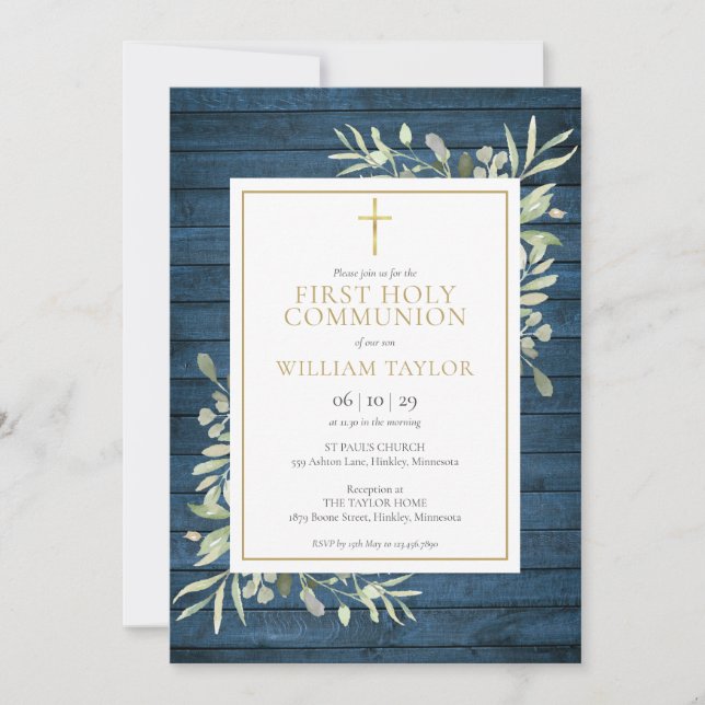 Blue Rustic Wood Greenery First Holy Communion Invitation (Front)