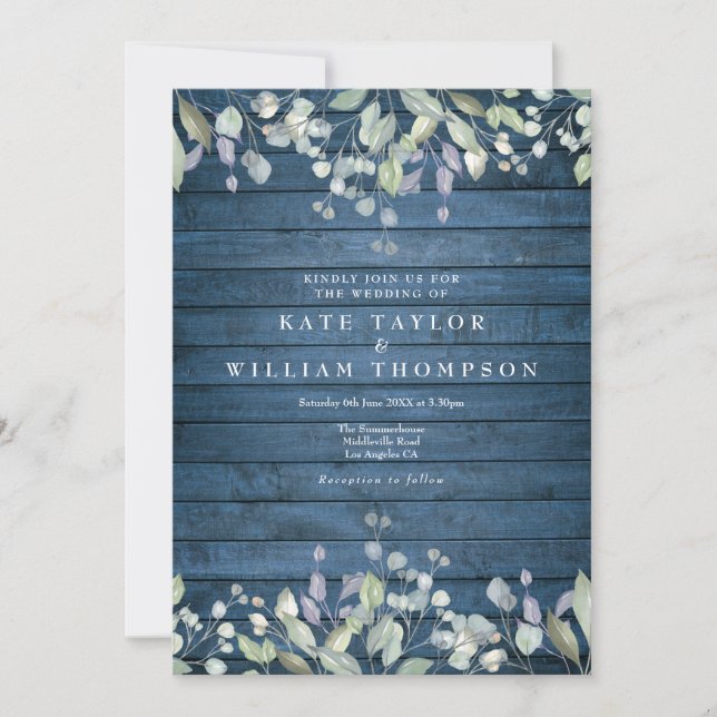 Blue Rustic Wood Greenery Floral Wedding Invitation (Front)