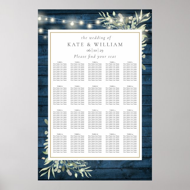 Blue Rustic Wood Greenery Wedding Seating Chart (Front)