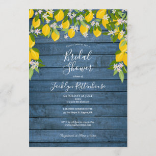 Blue Rustic Wood Lemon Greenery Bridal Shower Invitation