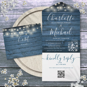 Blue Rustic Wood QR Code Mason Jars Lights Wedding All In One Invitation