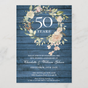 Blue Rustic Wood Roses Garland 50th Anniversary Invitation