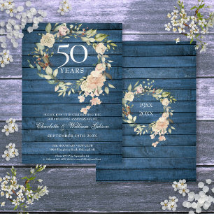 Blue Rustic Wood Roses Garland 50th Anniversary Invitation