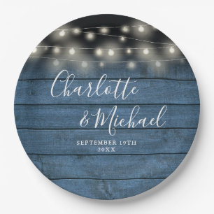 Blue Rustic Wood Signature Script Wedding Paper Plate