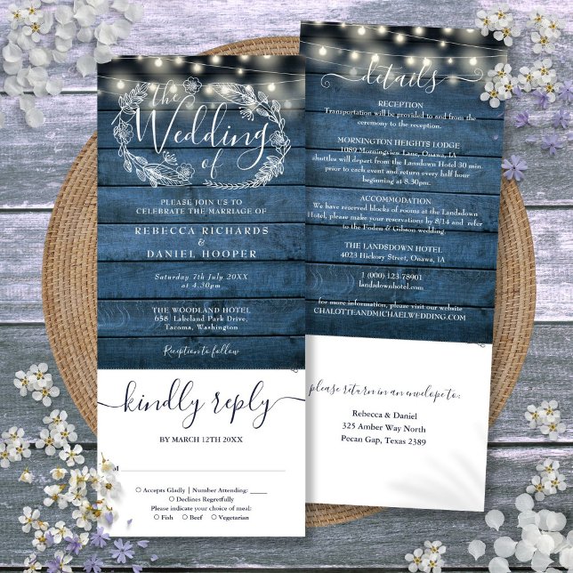 Blue Rustic Wood String Lights All In One Wedding Invitation (Blue Rustic Wood String Lights All In One Wedding Invitation)