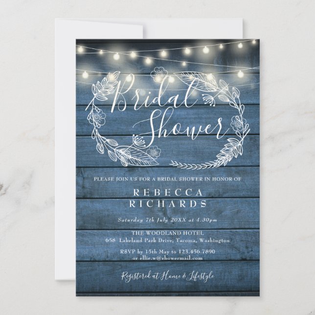 Blue Rustic Wood String Lights Bridal Shower Invitation (Front)
