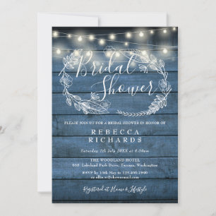 Blue Rustic Wood String Lights Bridal Shower Invitation