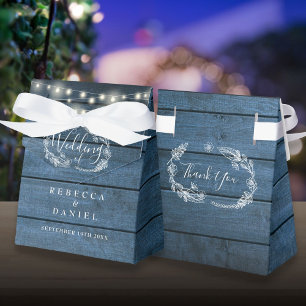 Blue Rustic Wood String Lights Floral Wedding Favor Box