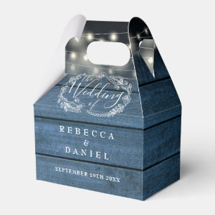 Blue Rustic Wood String Lights Floral Wedding Favor Box