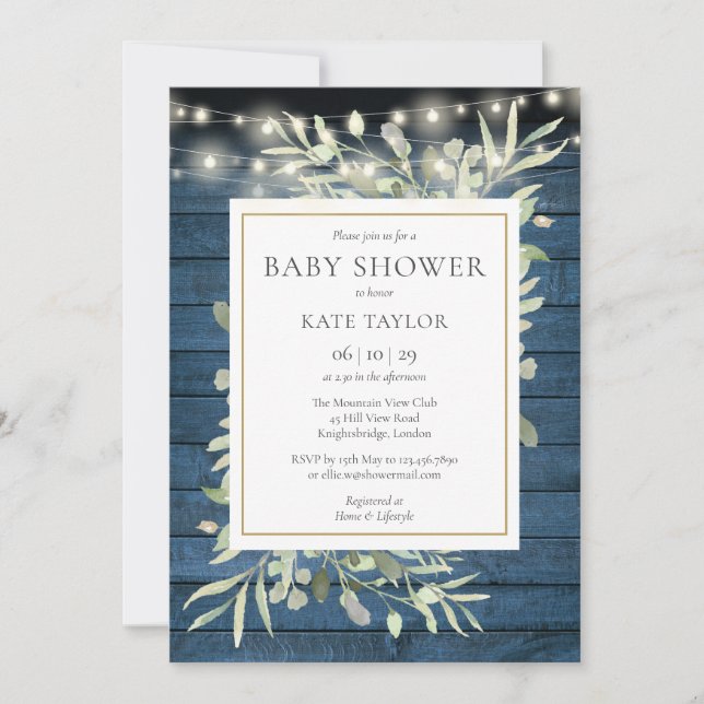 Blue Rustic Wood String Lights Foliage Baby Shower Invitation (Front)