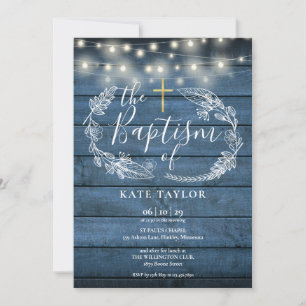 Blue Rustic Wood String Lights Foliage Baptism Invitation