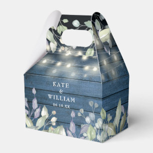 Blue Rustic Wood String Lights Foliage Wedding Favor Box