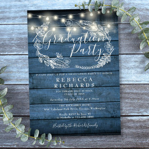 Blue Rustic Wood String Lights Graduation Party Invitation