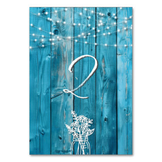 Blue Rustic Wood String Lights Mason Jar Elegant Table Number