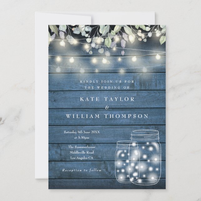 Blue Rustic Wood String Lights Mason Jar Wedding Invitation (Front)