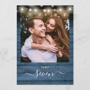 Blue Rustic Wood String Lights Photo Table Number