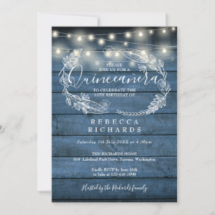 Blue Rustic Wood String Lights Quinceañera 15th Invitation