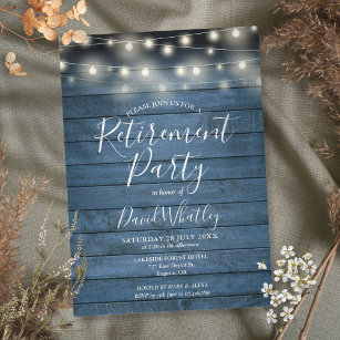 Blue Rustic Wood String Lights Retirement Party Invitation