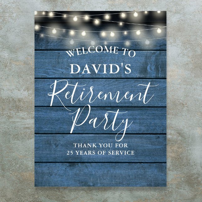 Blue Rustic Wood String Lights Retirement Party Poster (Blue Rustic Wood String Lights Retirement Party Poster)