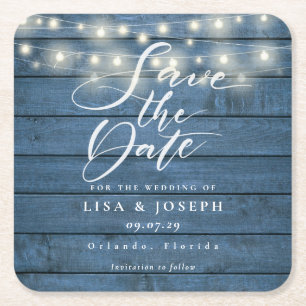 Blue Rustic Wood String Lights Save the Date Square Paper Coaster
