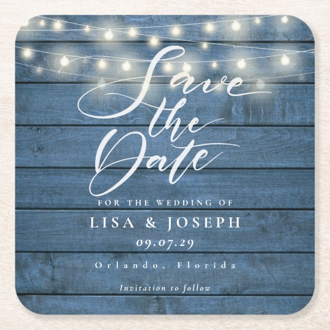 Blue Rustic Wood String Lights Save the Date Square Paper Coaster (Front)