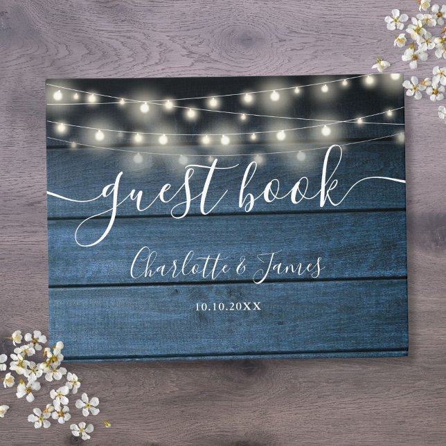 Blue Rustic Wood String Lights Script Wedding Guest Book (Blue Rustic Wood String Lights Script Wedding Guest Book)