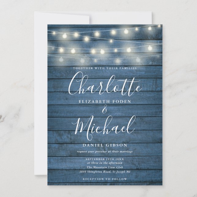 Blue Rustic Wood String Lights Script Wedding Invitation (Front)